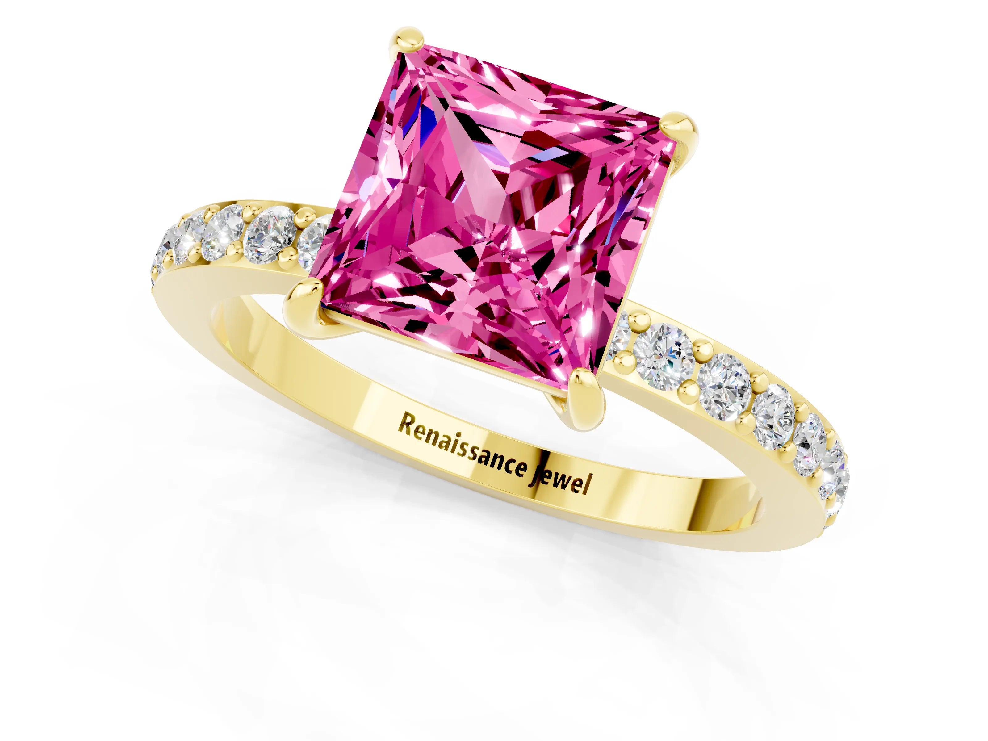 Yellow gold Princess Cut Pink Sapphire Solitaire Engagement Ring with Pavé Band and Four-Prong Setting_25