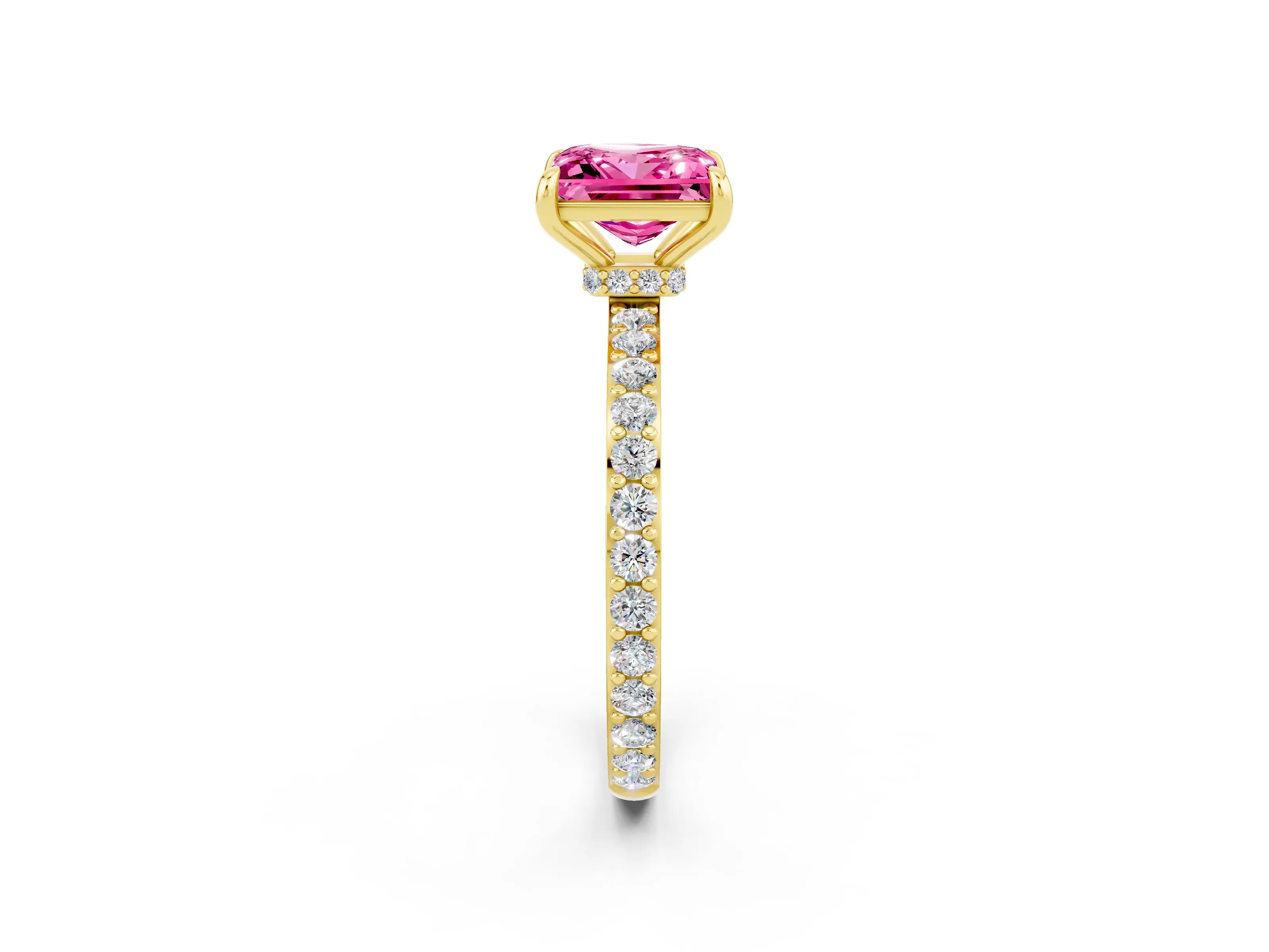 Yellow gold Princess Cut Pink Sapphire Solitaire Engagement Ring with Pavé Band and Four-Prong Setting_26