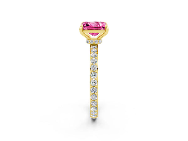 Yellow gold Princess Cut Pink Sapphire Solitaire Engagement Ring with Pavé Band and Four-Prong Setting