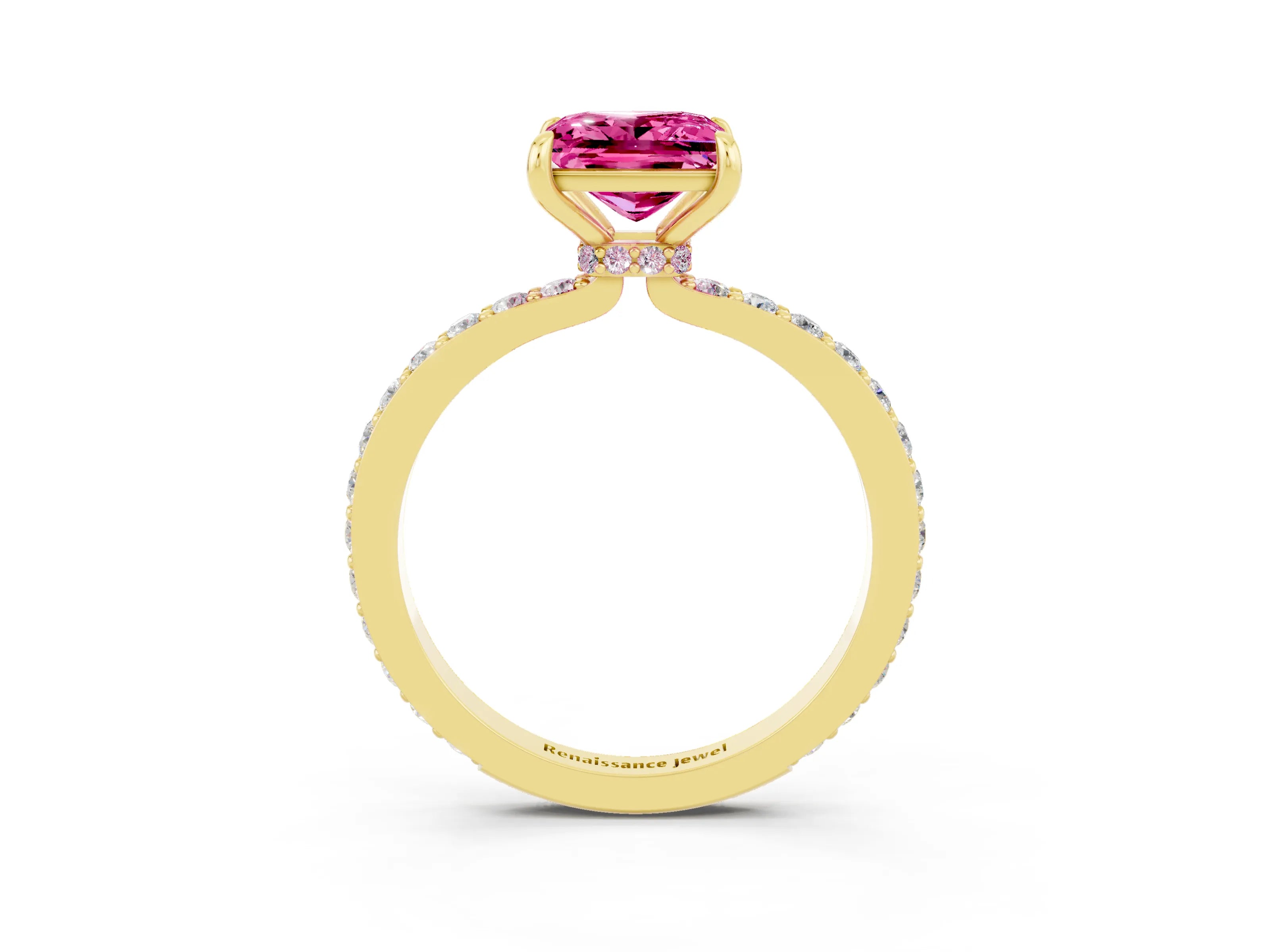 Yellow gold Princess Cut Pink Sapphire Solitaire Engagement Ring with Pavé Band and Four-Prong Setting_27