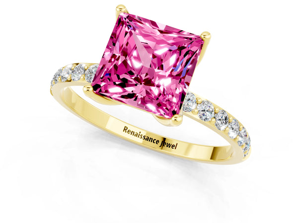 Yellow gold Princess Cut Pink Sapphire Solitaire Engagement Ring with Round  Pavé Band and Prong Setting
