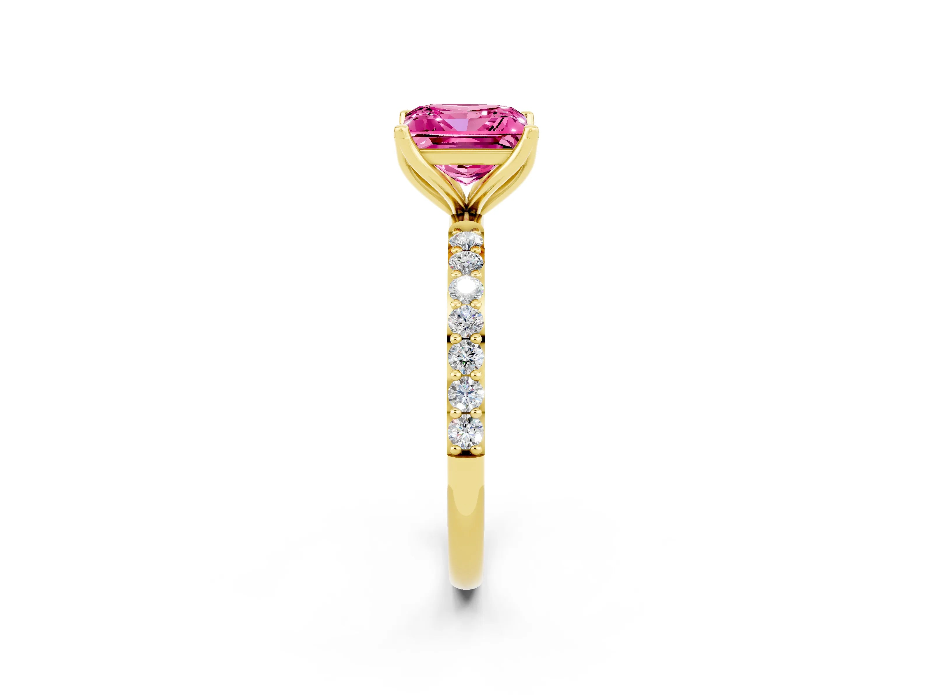Yellow gold Princess Cut Pink Sapphire Solitaire Engagement Ring with Pavé Band and Prong Setting_2