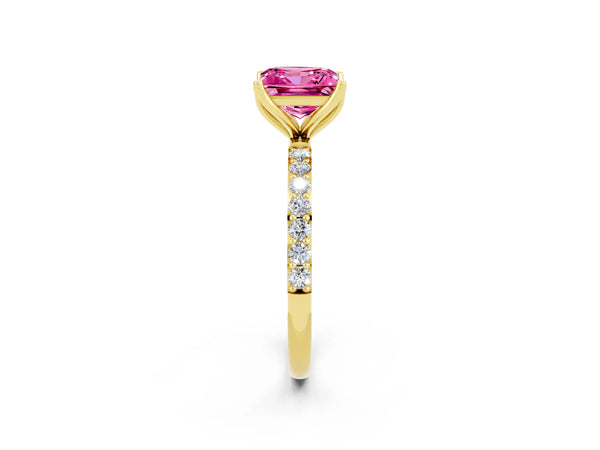 Yellow gold Princess Cut Pink Sapphire Solitaire Engagement Ring with Round  Pavé Band and Prong Setting