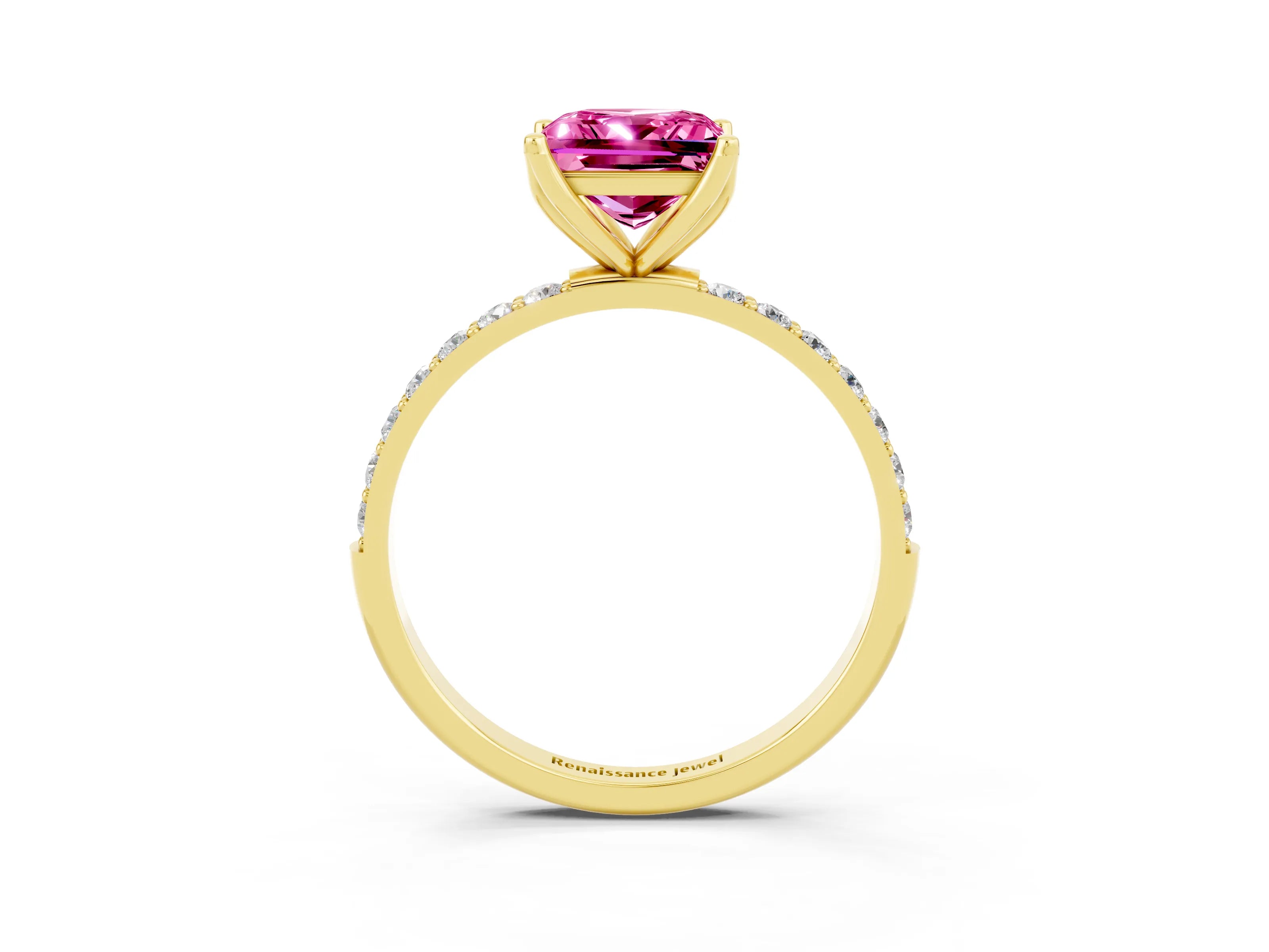 Yellow gold Princess Cut Pink Sapphire Solitaire Engagement Ring with Pavé Band and Prong Setting_3