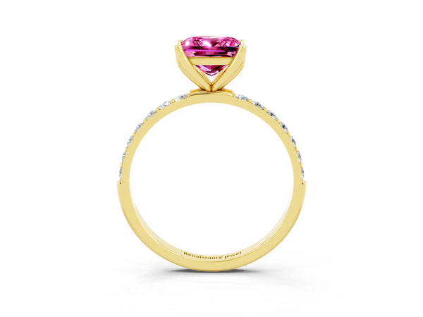 Yellow gold Princess Cut Pink Sapphire Solitaire Engagement Ring with Round  Pavé Band and Prong Setting