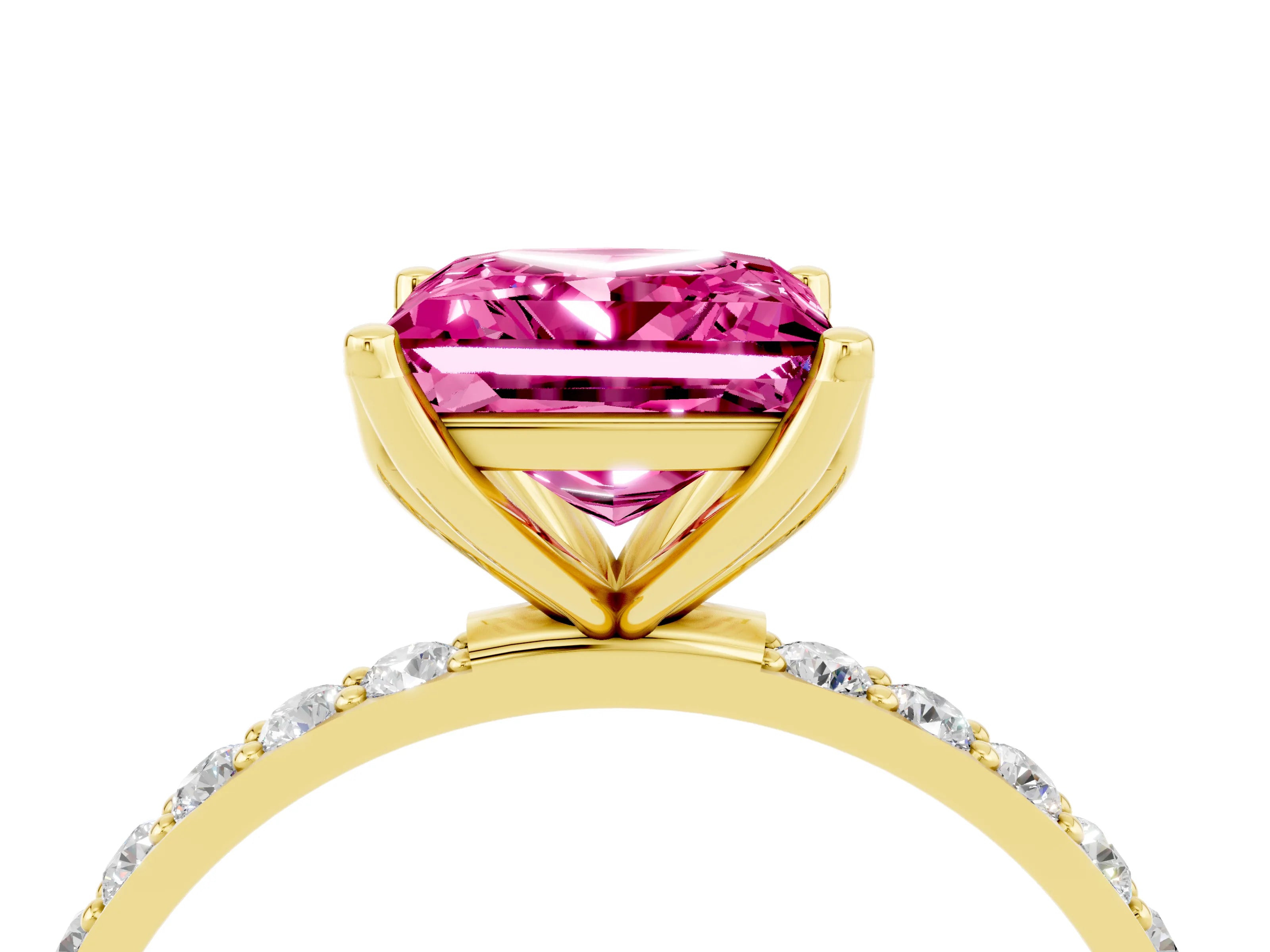 Yellow gold Princess Cut Pink Sapphire Solitaire Engagement Ring with Pavé Band and Prong Setting_4