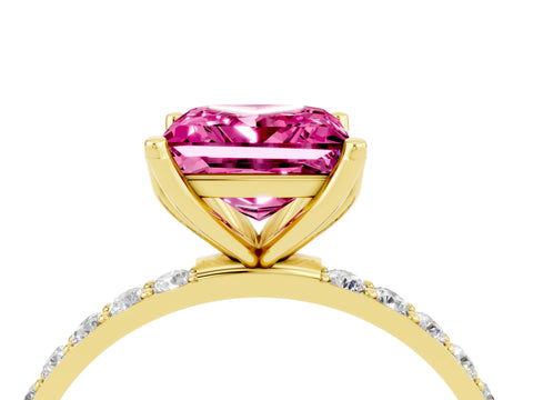 Yellow gold Princess Cut Pink Sapphire Solitaire Engagement Ring with Pavé Band and Prong Setting_4