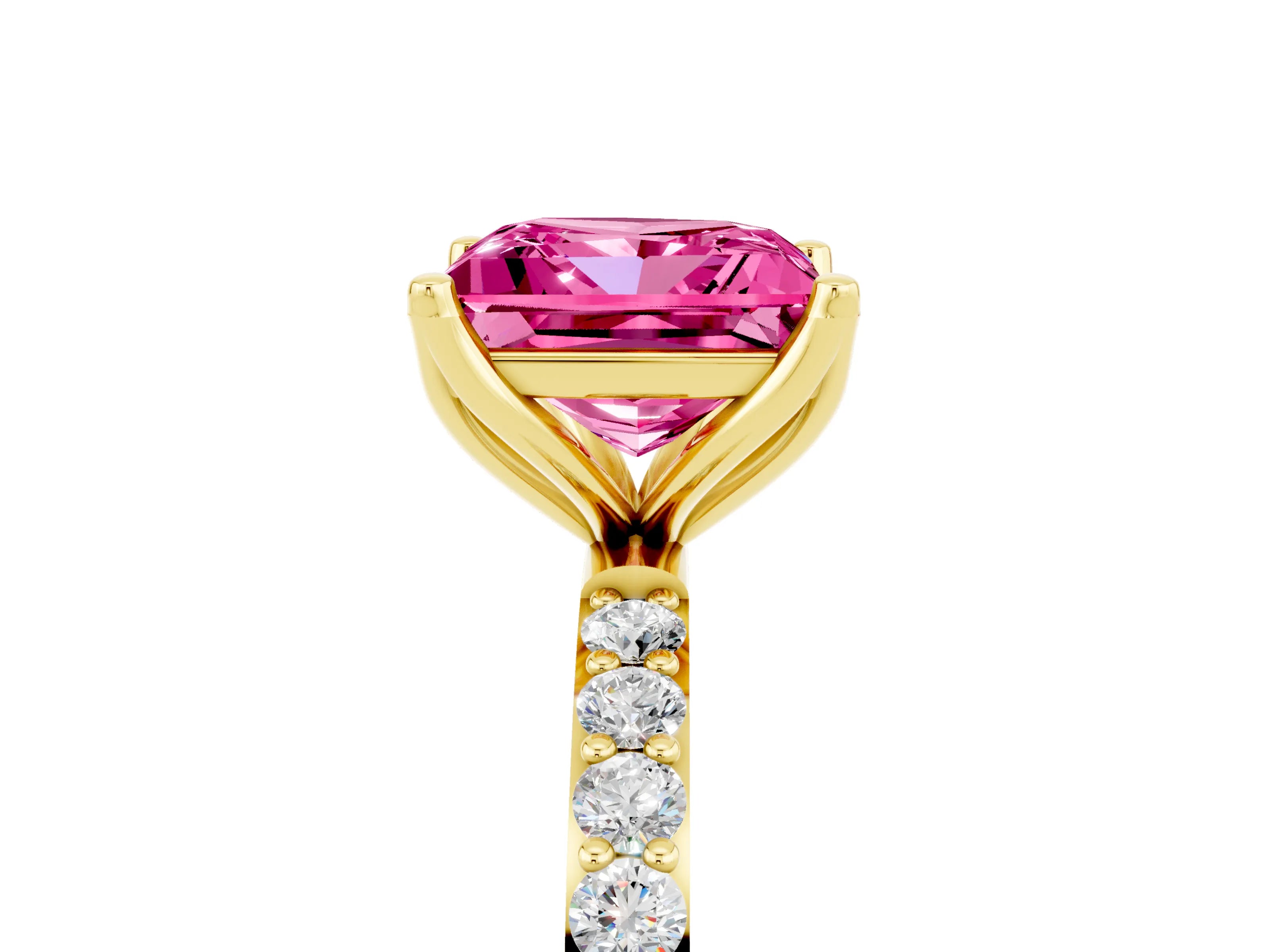 Yellow gold Princess Cut Pink Sapphire Solitaire Engagement Ring with Pavé Band and Prong Setting_5