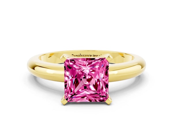Yellow gold Princess Cut Pink Sapphire Solitaire Engagement Ring with Round Band and Four-Prong Setting