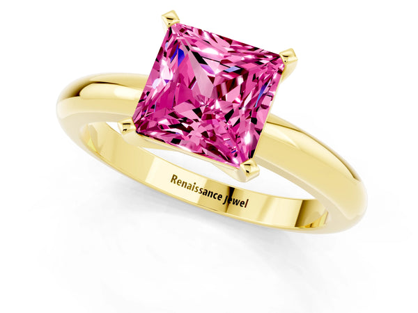 Yellow gold Princess Cut Pink Sapphire Solitaire Engagement Ring with Round Band and Four-Prong Setting