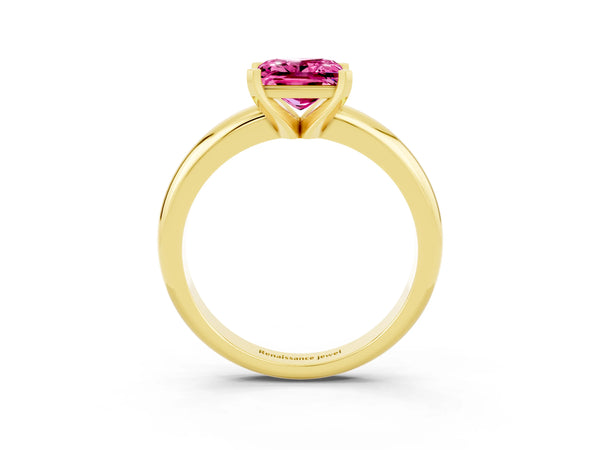 Yellow gold Princess Cut Pink Sapphire Solitaire Engagement Ring with Round Band and Four-Prong Setting
