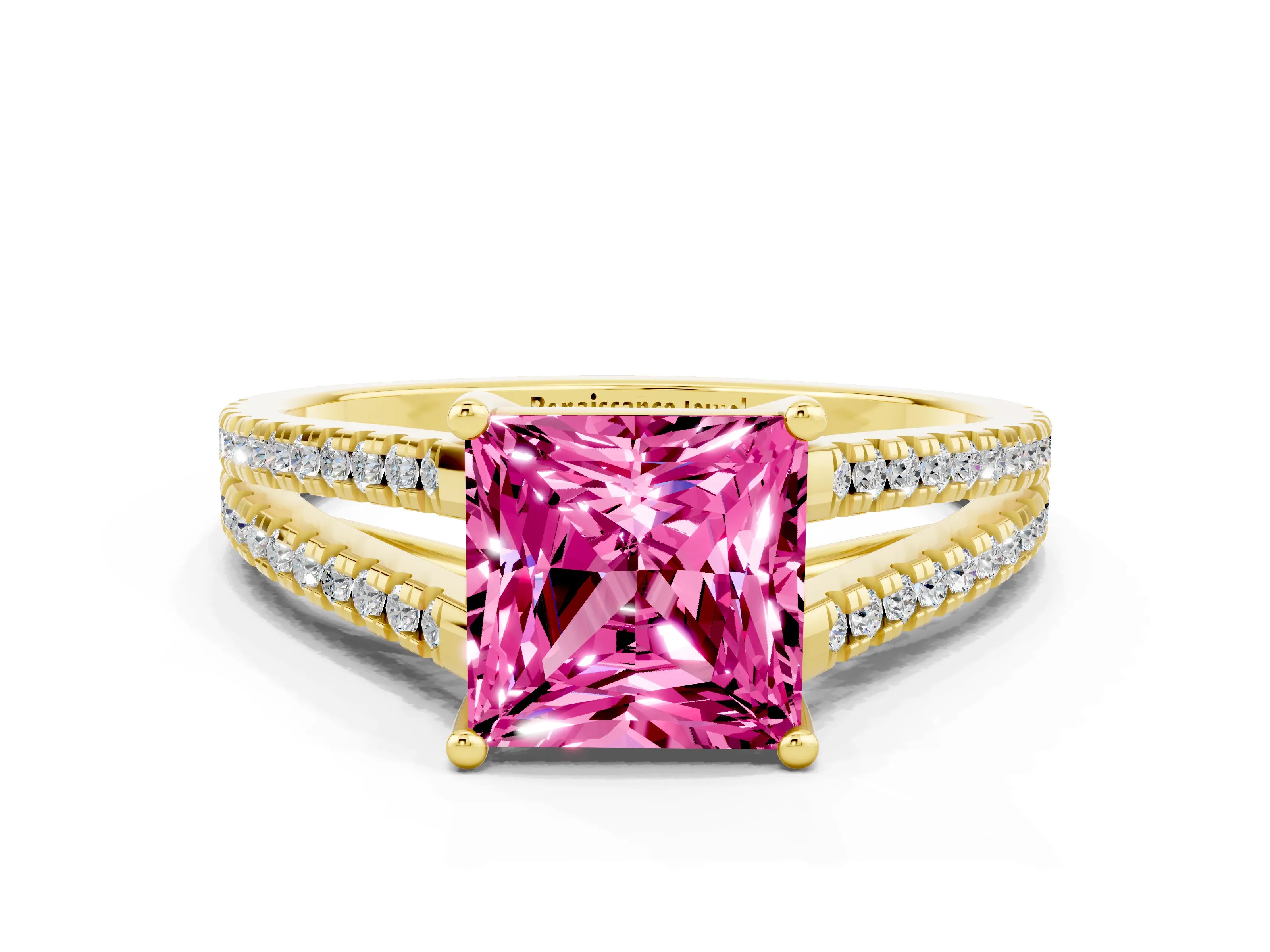 Yellow gold Princess Cut Pink Sapphire Solitaire Engagement Ring with Split Shank Pavé Band_12