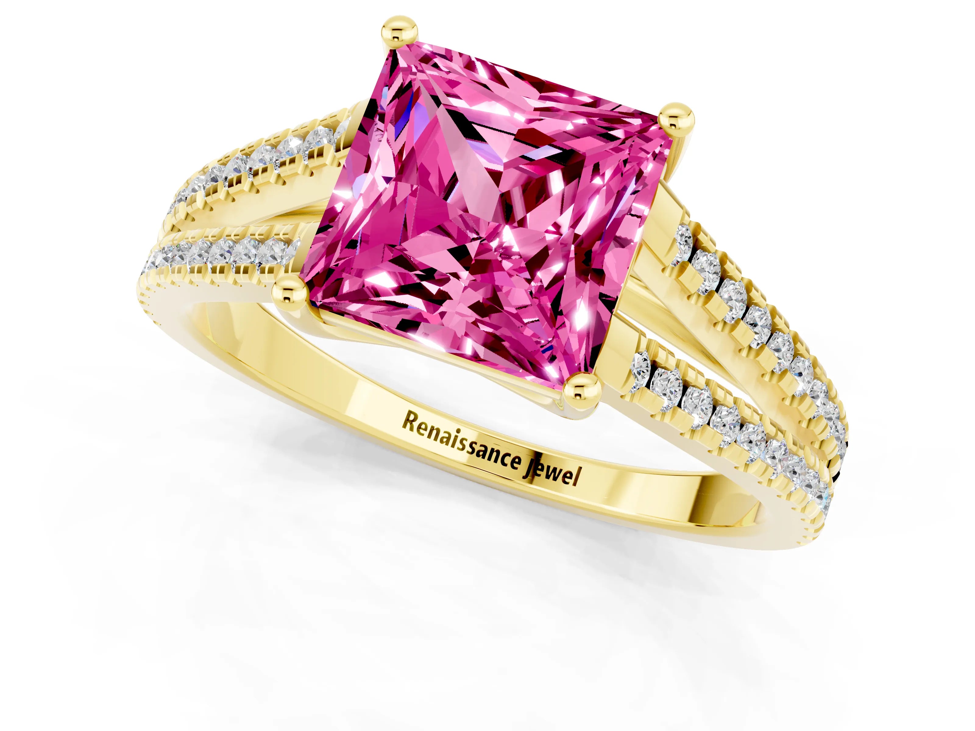 Yellow gold Princess Cut Pink Sapphire Solitaire Engagement Ring with Split Shank Pavé Band_13