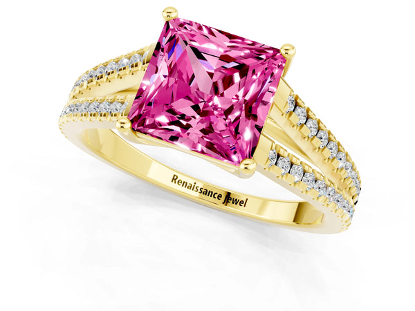 Yellow gold Princess Cut Pink Sapphire Solitaire Engagement Ring with Split Shank Pavé Band