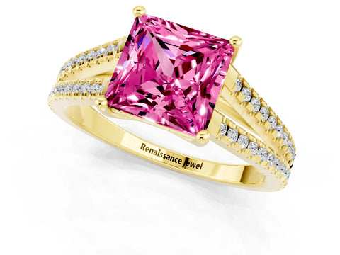 Yellow gold Princess Cut Pink Sapphire Solitaire Engagement Ring with Split Shank Pavé Band_13