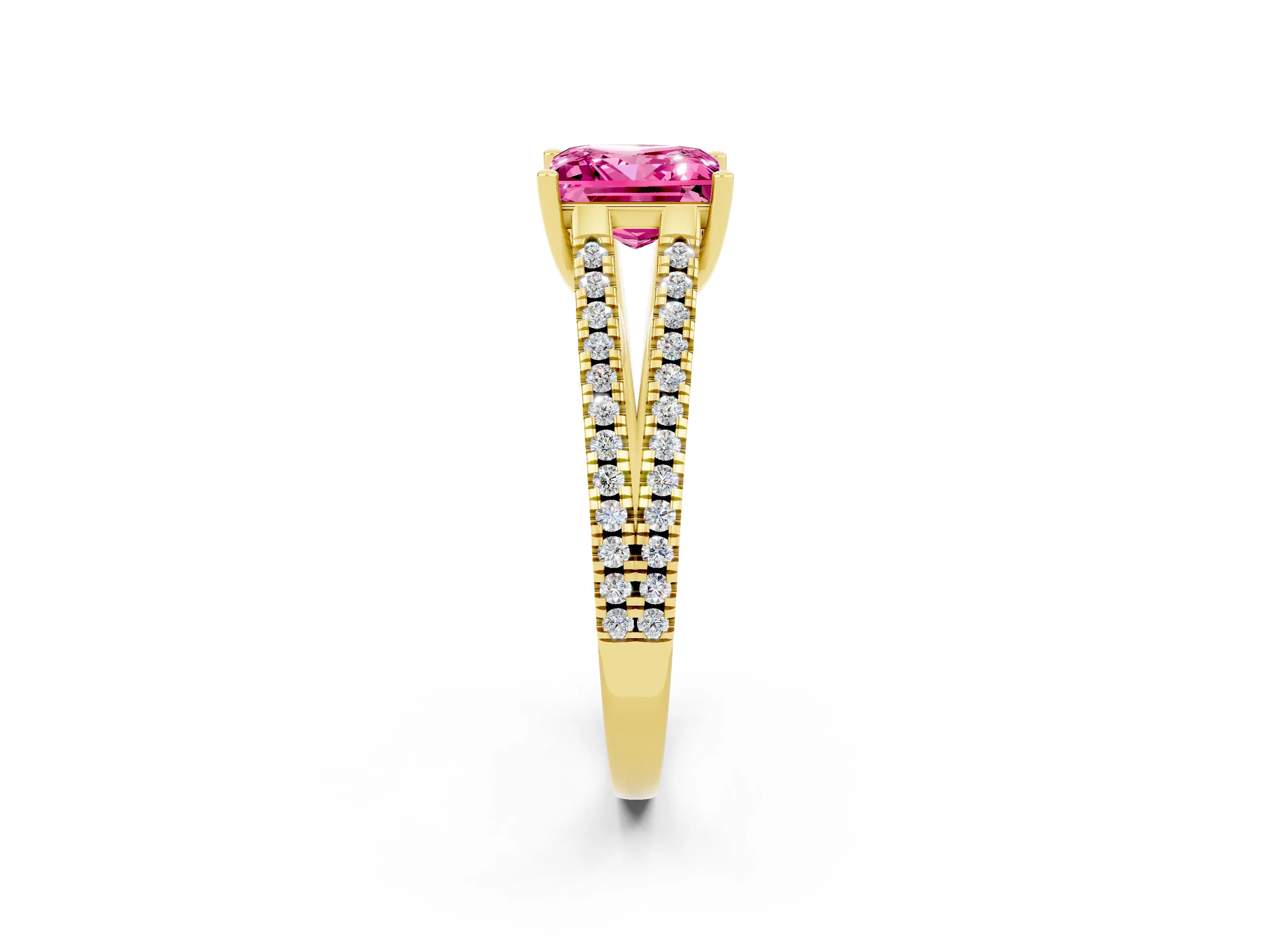 Yellow gold Princess Cut Pink Sapphire Solitaire Engagement Ring with Split Shank Pavé Band_14