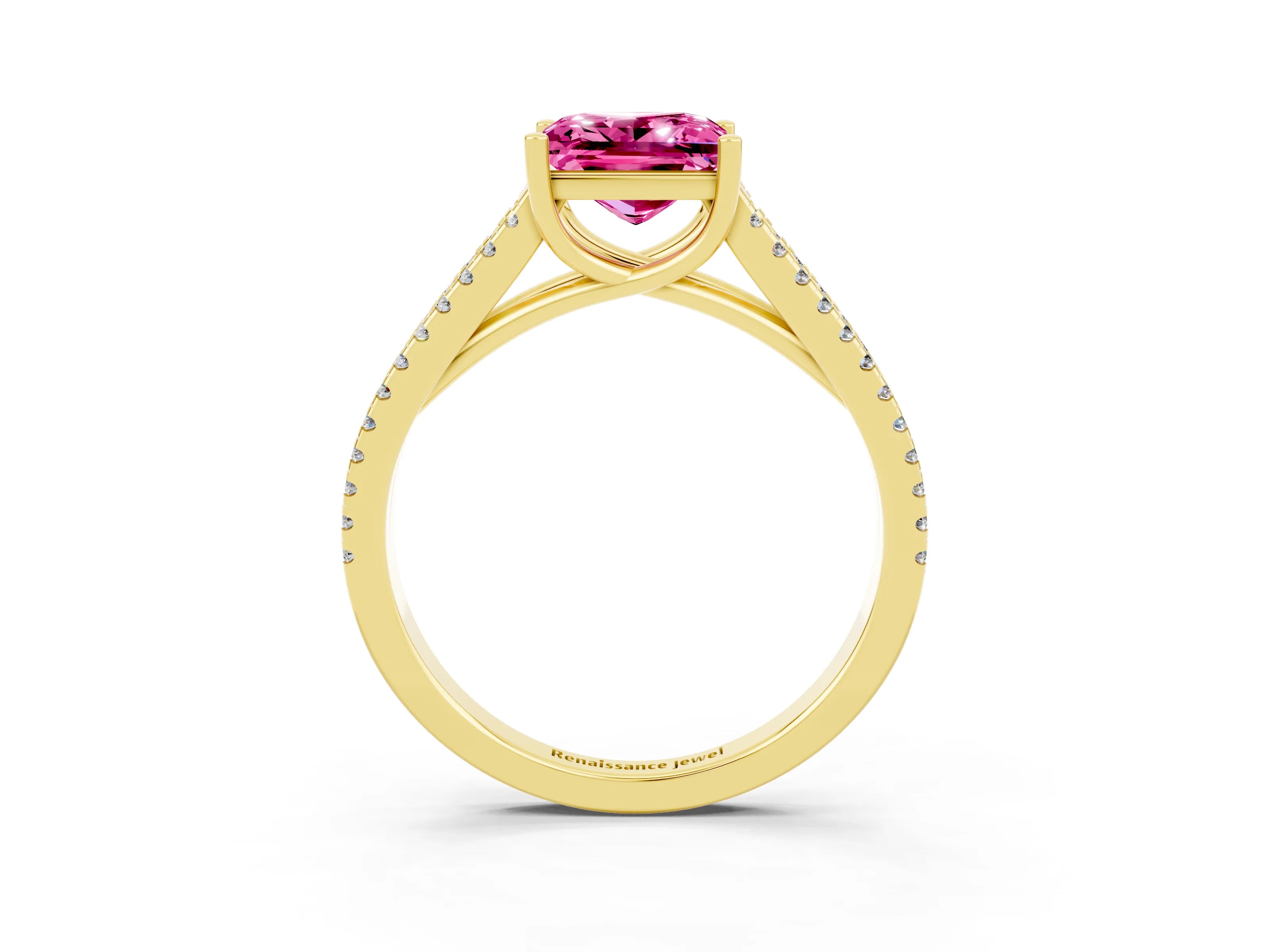 Yellow gold Princess Cut Pink Sapphire Solitaire Engagement Ring with Split Shank Pavé Band_15
