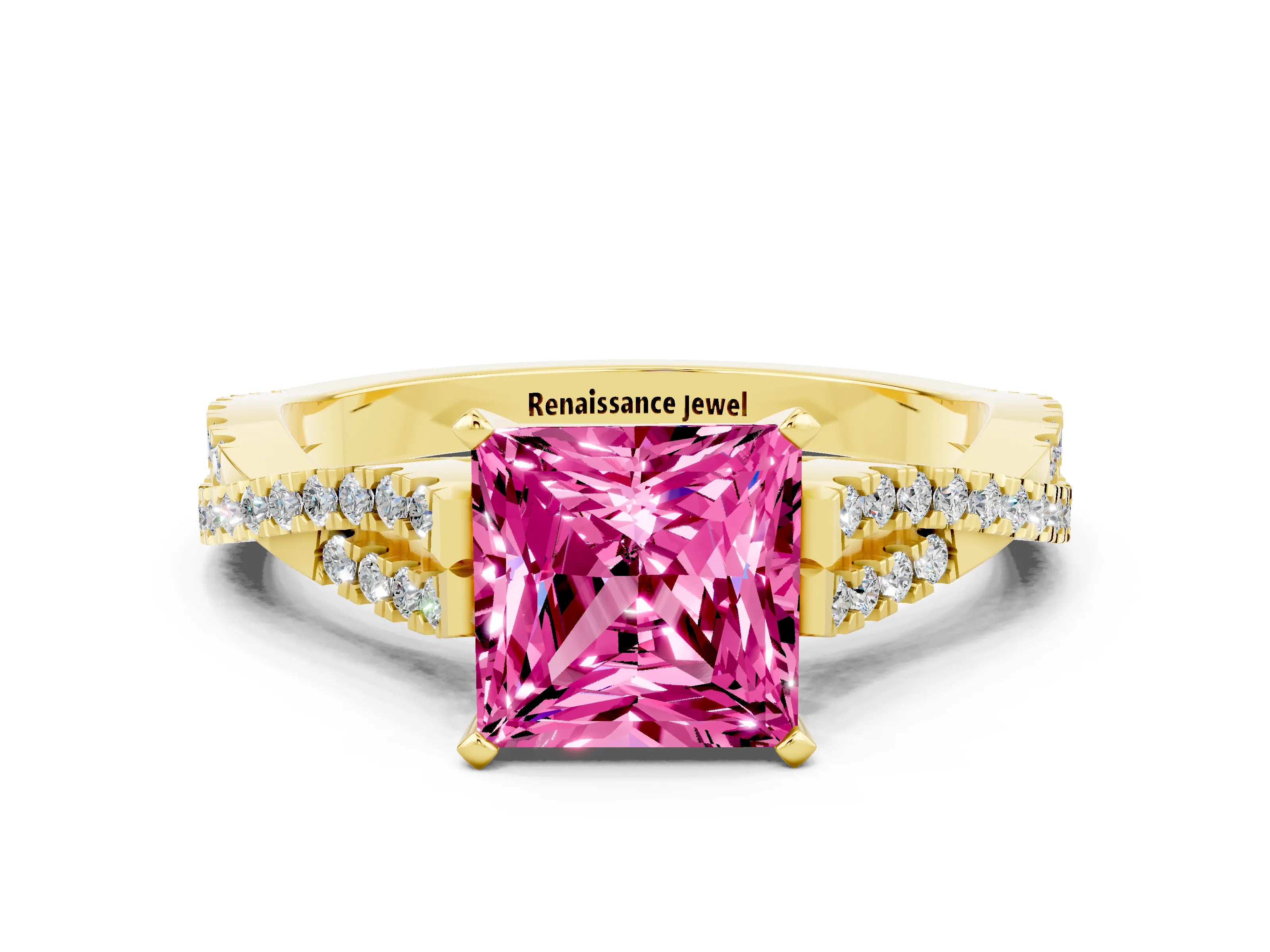 Yellow gold Princess Cut Pink Sapphire Solitaire Engagement Ring with Twisted Pavé Band and Four-Prong Setting_24