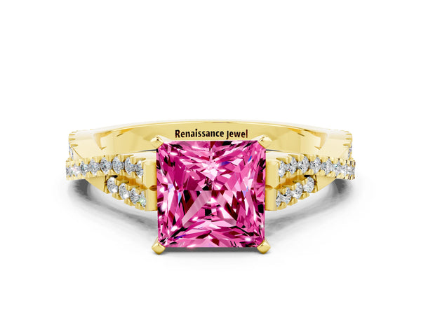 Yellow gold Princess Cut Pink Sapphire Solitaire Engagement Ring with Twisted Pavé Band and Four-Prong Setting