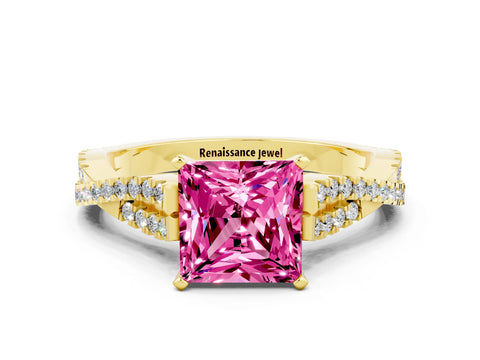 Yellow gold Princess Cut Pink Sapphire Solitaire Engagement Ring with Twisted Pavé Band and Four-Prong Setting_24