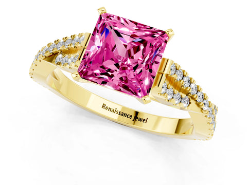 Yellow gold Princess Cut Pink Sapphire Solitaire Engagement Ring with Twisted Pavé Band and Four-Prong Setting_25