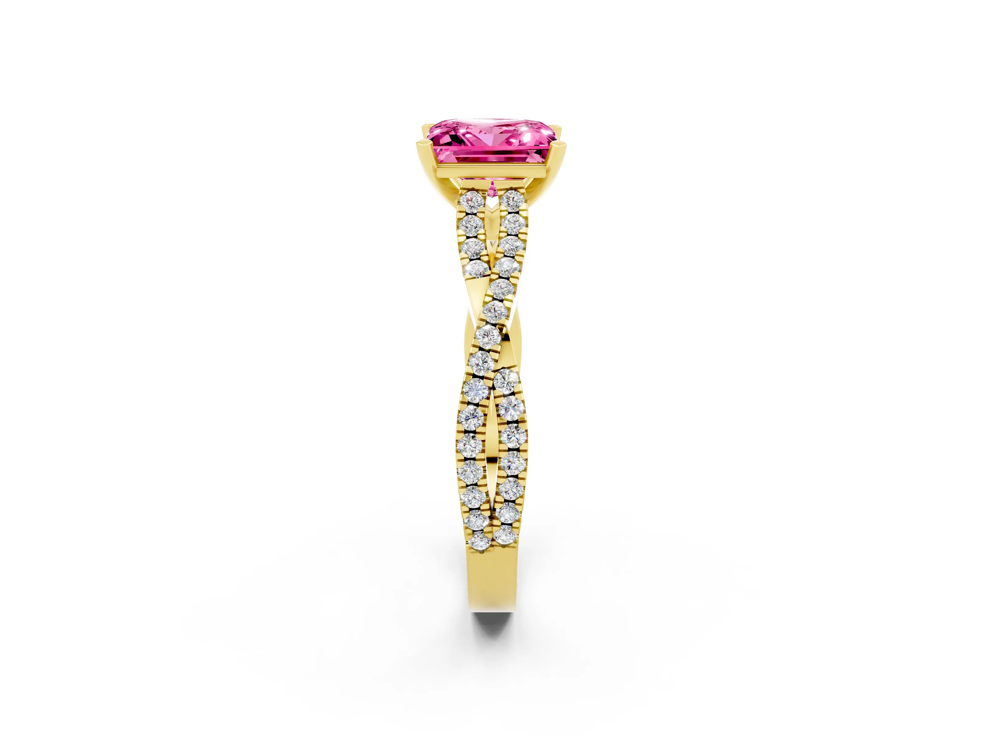 Yellow gold Princess Cut Pink Sapphire Solitaire Engagement Ring with Twisted Pavé Band and Four-Prong Setting_26