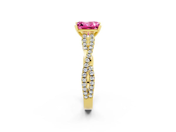 Yellow gold Princess Cut Pink Sapphire Solitaire Engagement Ring with Twisted Pavé Band and Four-Prong Setting