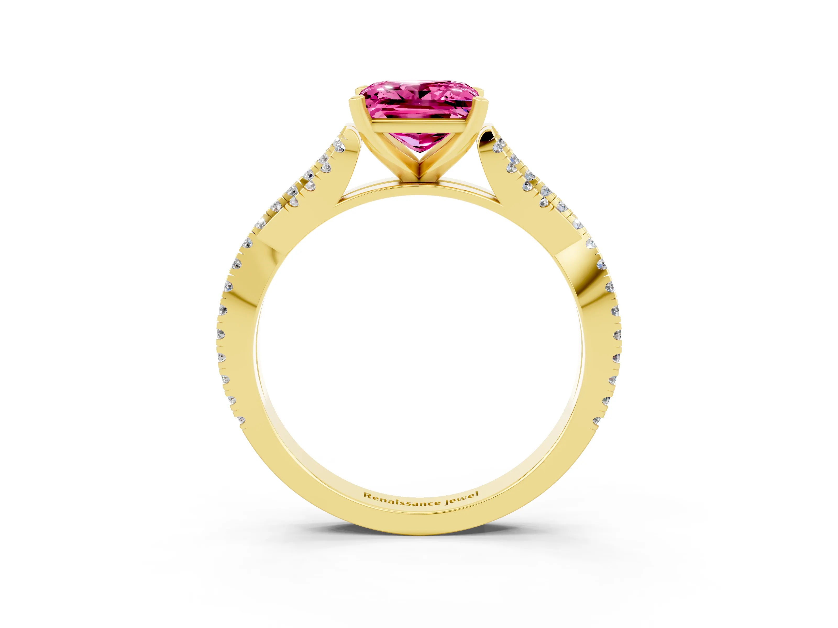 Yellow gold Princess Cut Pink Sapphire Solitaire Engagement Ring with Twisted Pavé Band and Four-Prong Setting_27
