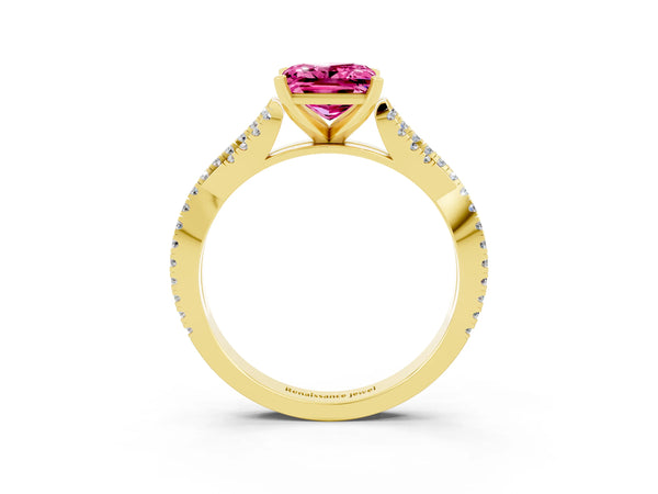 Yellow gold Princess Cut Pink Sapphire Solitaire Engagement Ring with Twisted Pavé Band and Four-Prong Setting