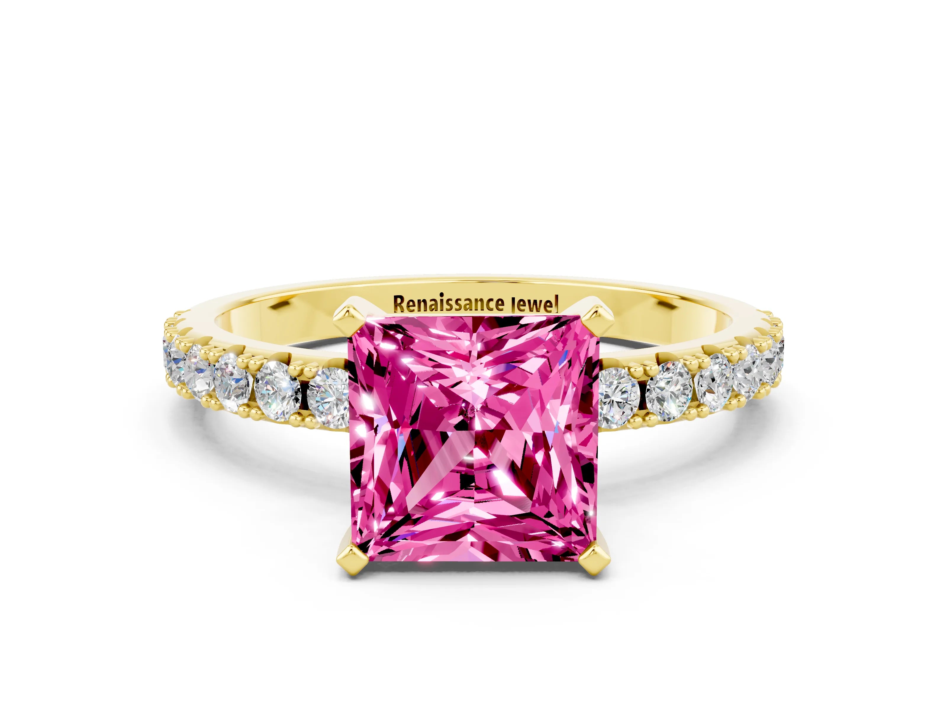 Yellow gold Princess Cut Pink Sapphire Solitaire Pavé Band with Four-Prong Setting_24