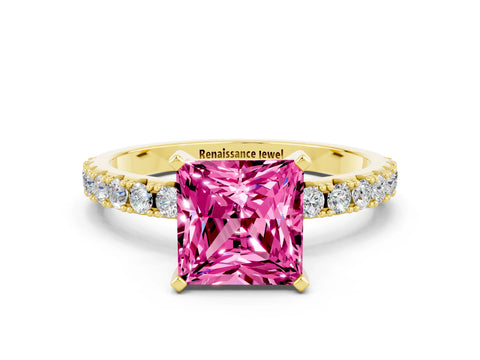 Yellow gold Princess Cut Pink Sapphire Solitaire Pavé Band with Four-Prong Setting_24