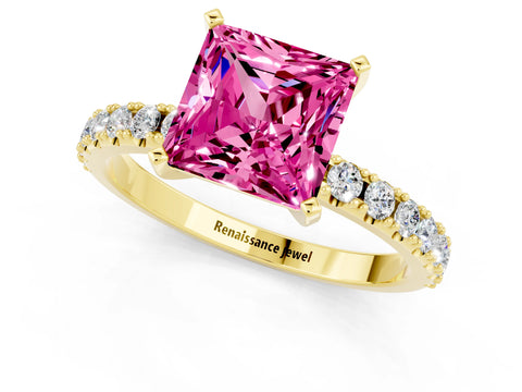 Yellow gold Princess Cut Pink Sapphire Solitaire Pavé Band with Four-Prong Setting_25