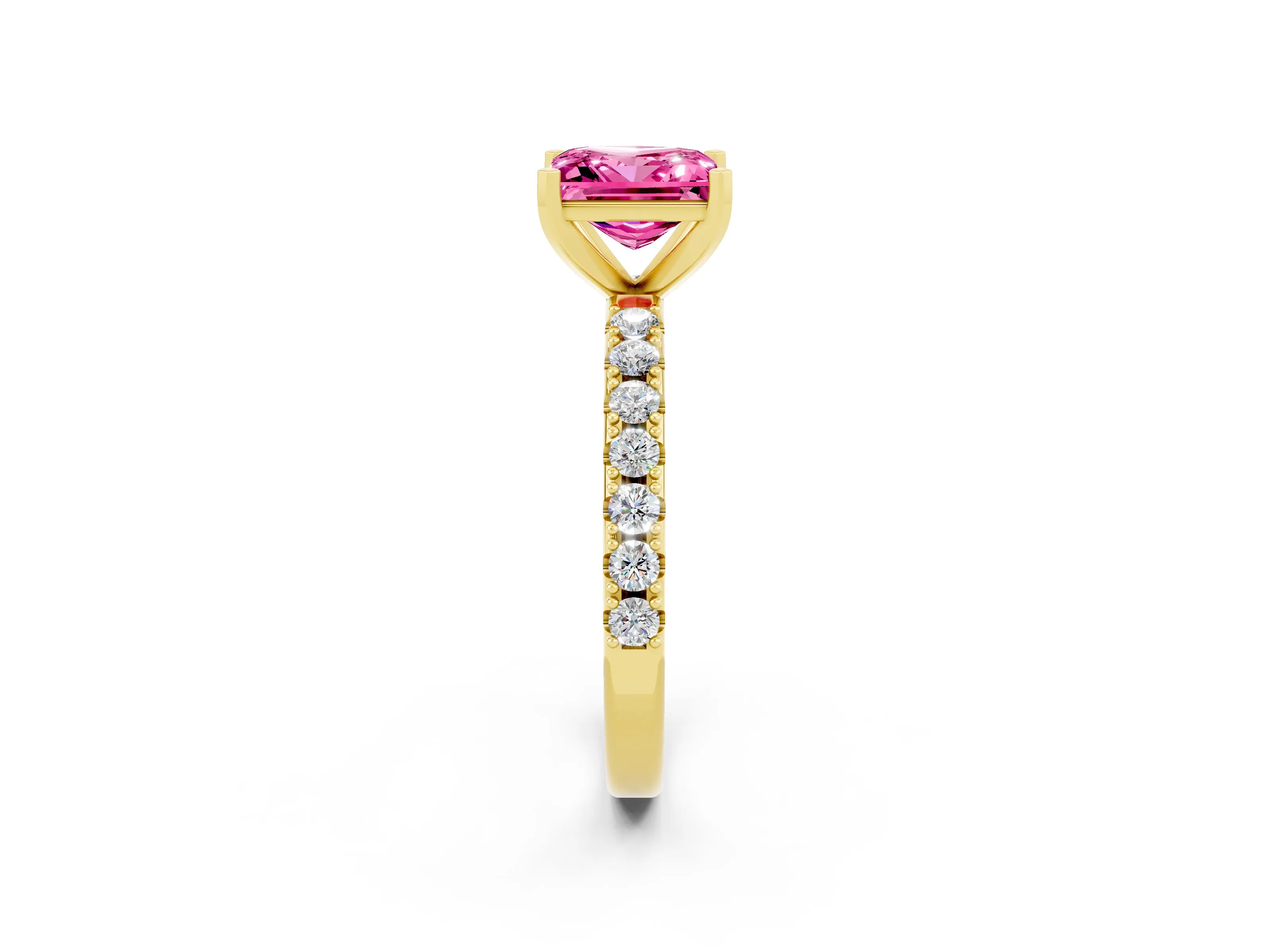 Yellow gold Princess Cut Pink Sapphire Solitaire Pavé Band with Four-Prong Setting_26
