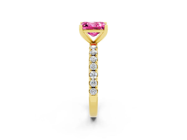 Yellow gold Princess Cut Pink Sapphire Solitaire Pavé Band with Four-Prong Setting