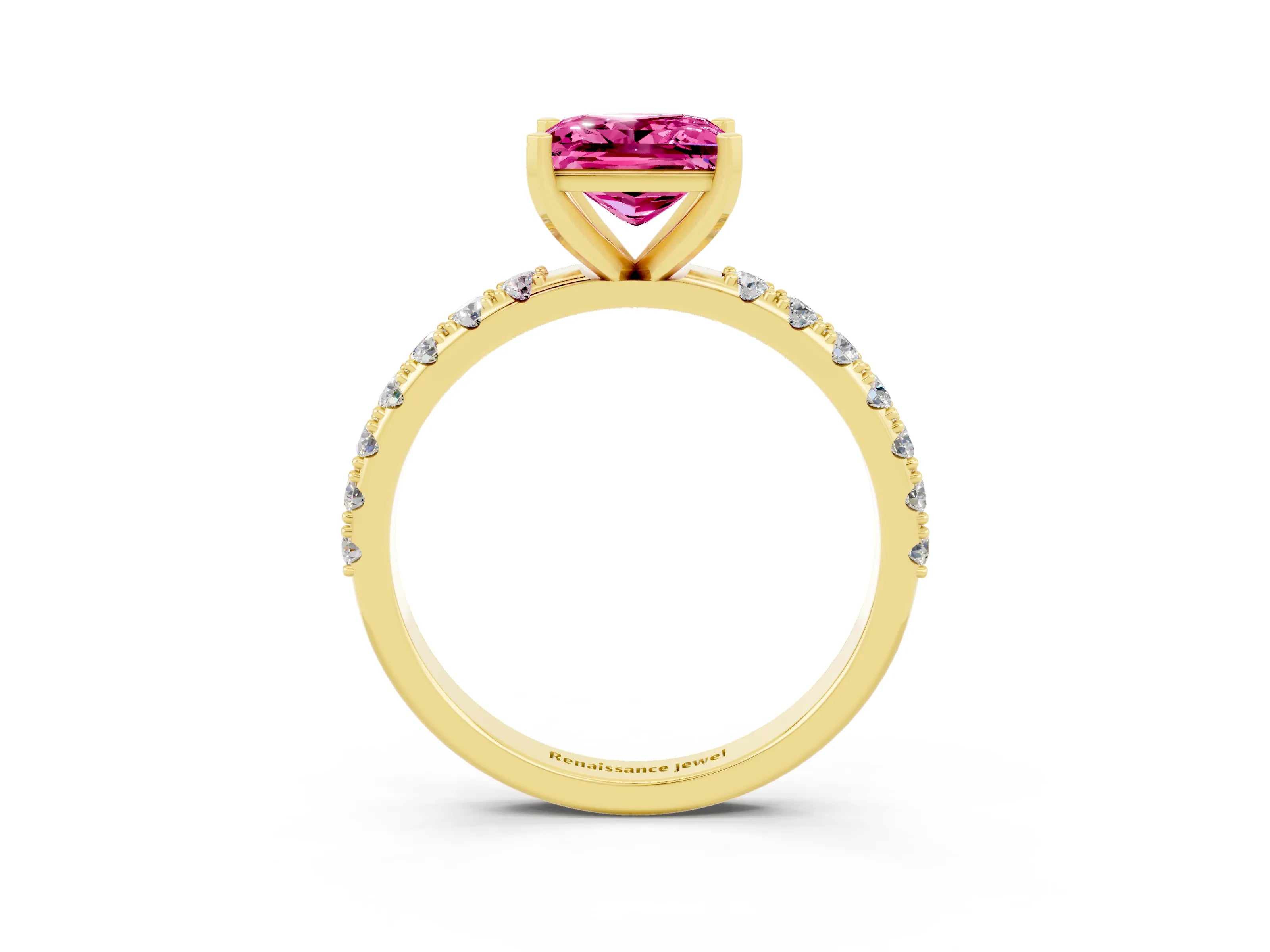 Yellow gold Princess Cut Pink Sapphire Solitaire Pavé Band with Four-Prong Setting_27