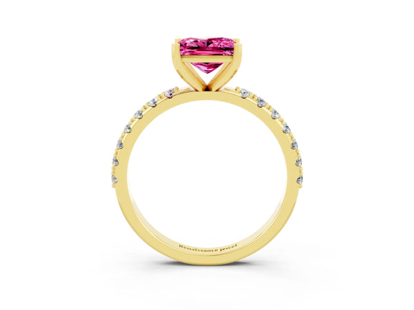 Yellow gold Princess Cut Pink Sapphire Solitaire Pavé Band with Four-Prong Setting