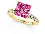 Yellow gold Princess Cut Pink Sapphire Solitaire Pavé Engagement Ring with Round Band and Prong Setting_13