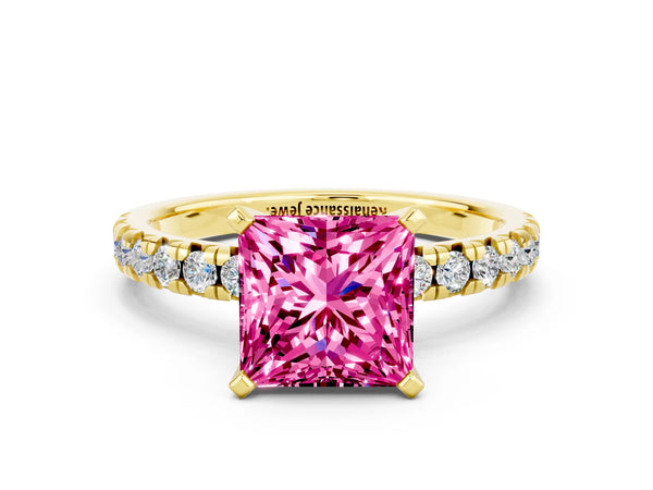 Yellow gold Princess Cut Pink Sapphire Solitaire Pavé Engagement Ring with Round Band and Prong Setting
