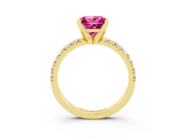 Yellow gold Princess Cut Pink Sapphire Solitaire Pavé Engagement Ring with Round Band and Prong Setting
