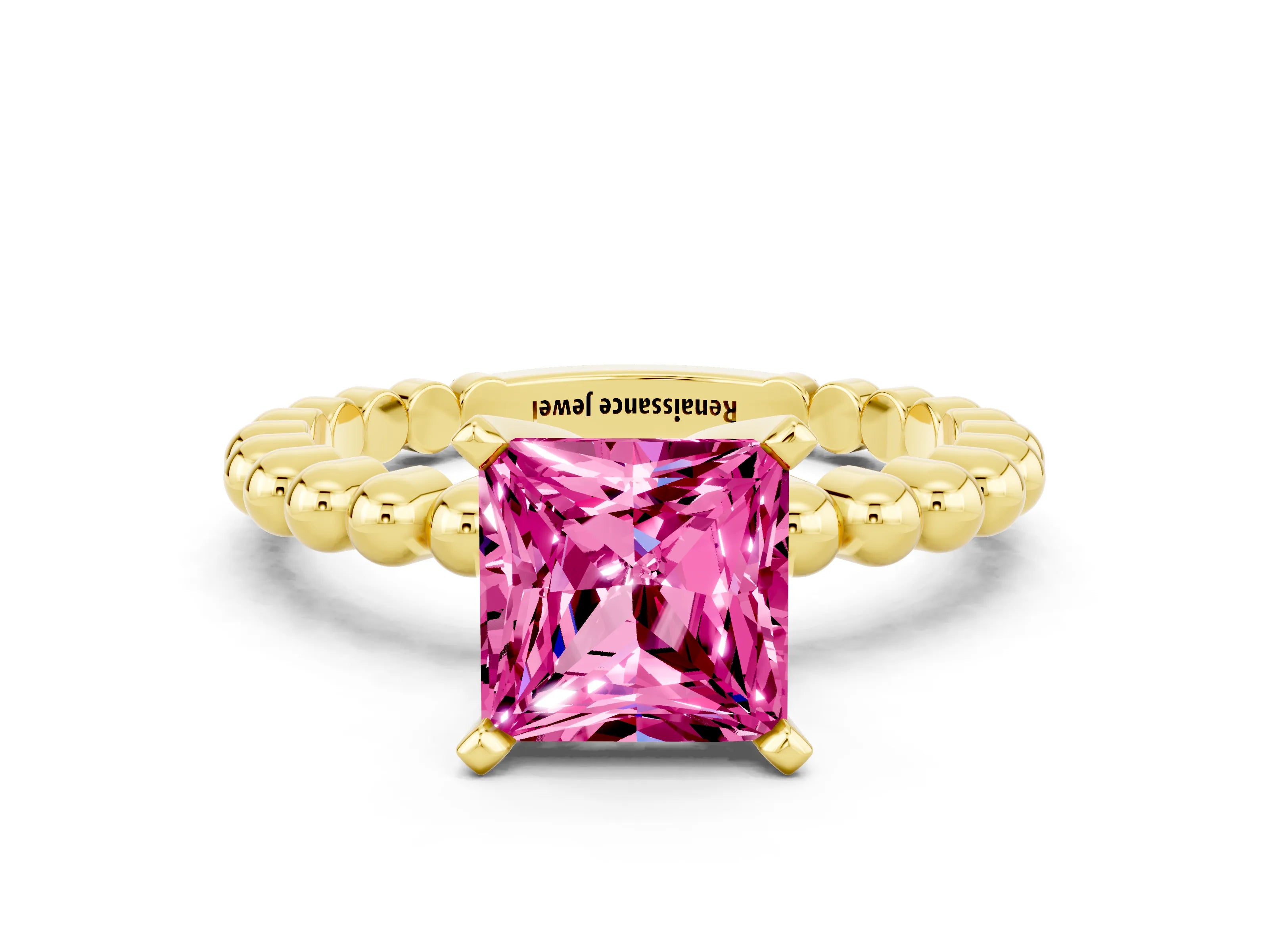 Yellow gold Princess Cut Pink Sapphire Solitaire Ring with Beaded Band and Prong Setting