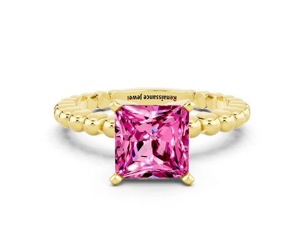 Yellow gold Princess Cut Pink Sapphire Solitaire Ring with Beaded Band and Prong Setting