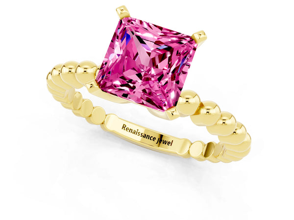 Yellow gold Princess Cut Pink Sapphire Solitaire Ring with Beaded Band and Prong Setting