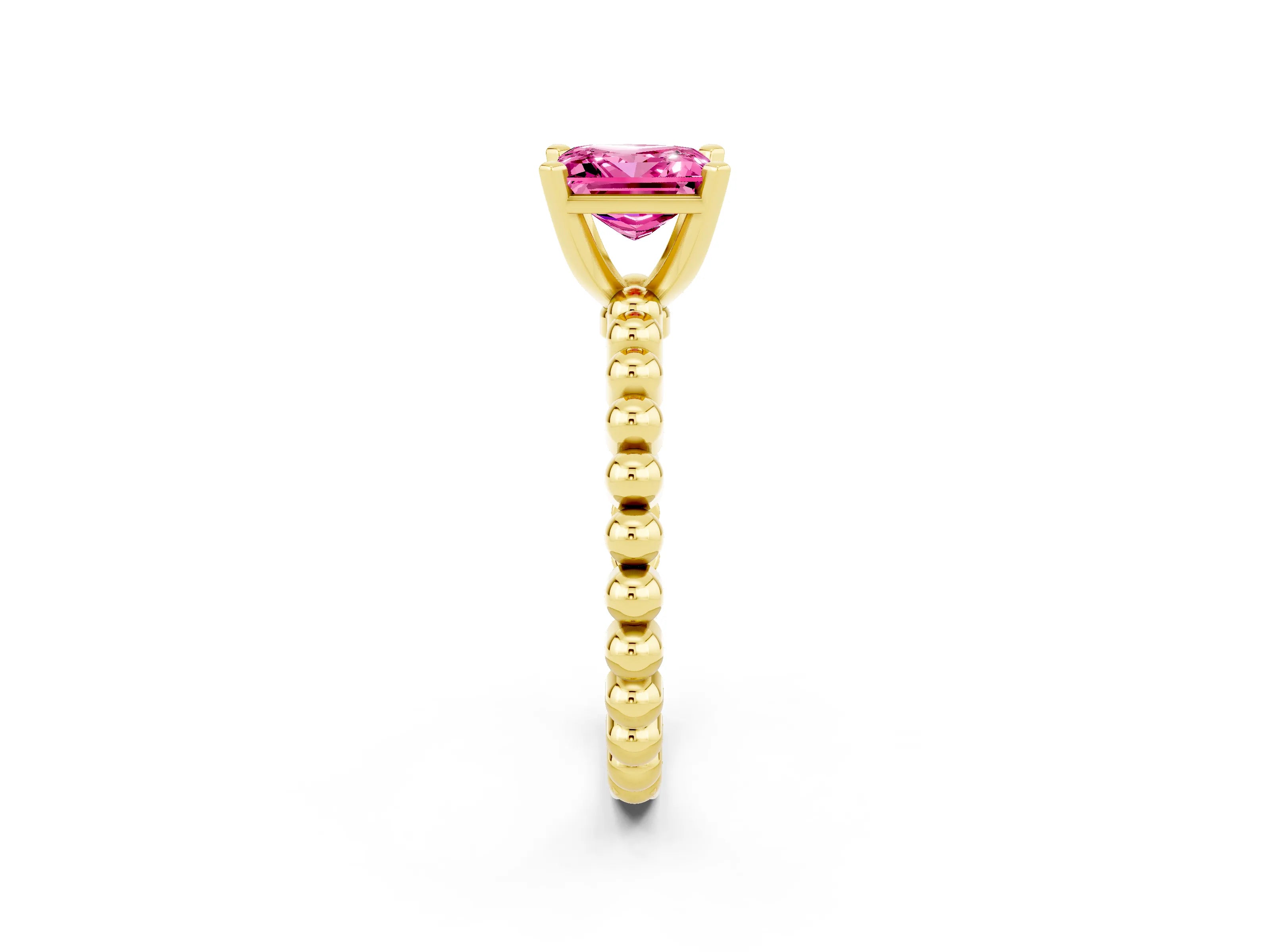 Yellow gold Princess Cut Pink Sapphire Solitaire Ring with Beaded Band and Prong Setting_2