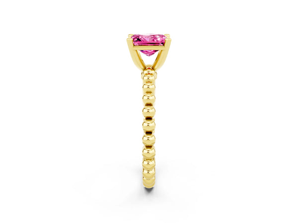 Yellow gold Princess Cut Pink Sapphire Solitaire Ring with Beaded Band and Prong Setting