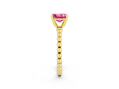 Yellow gold Princess Cut Pink Sapphire Solitaire Ring with Beaded Band and Prong Setting_2