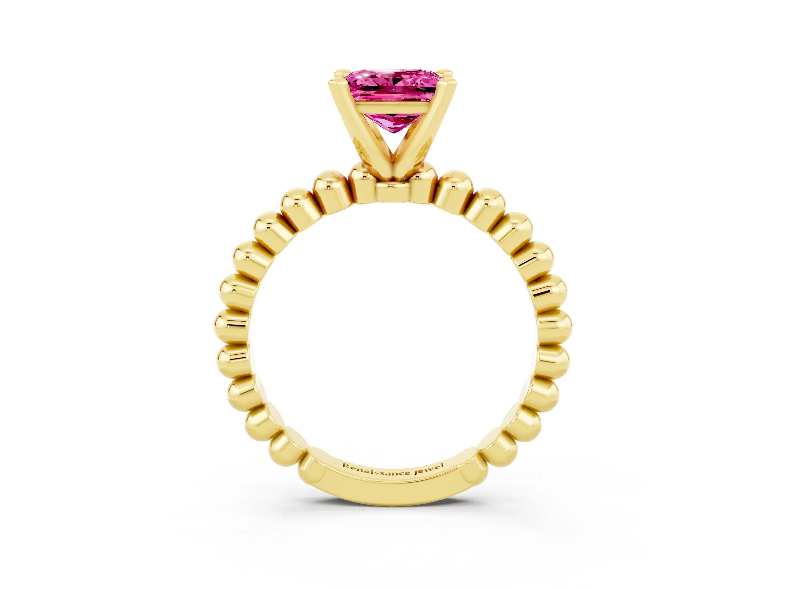 Yellow gold Princess Cut Pink Sapphire Solitaire Ring with Beaded Band and Prong Setting_3