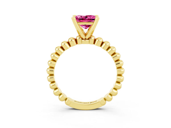 Yellow gold Princess Cut Pink Sapphire Solitaire Ring with Beaded Band and Prong Setting