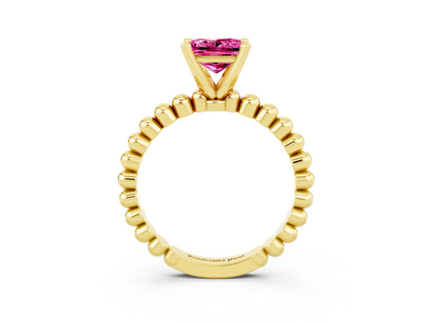 Yellow gold Princess Cut Pink Sapphire Solitaire Ring with Beaded Band and Prong Setting_3