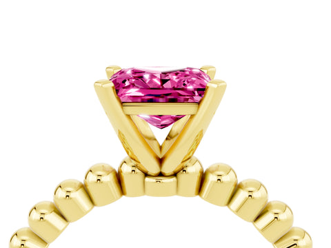 Yellow gold Princess Cut Pink Sapphire Solitaire Ring with Beaded Band and Prong Setting_4