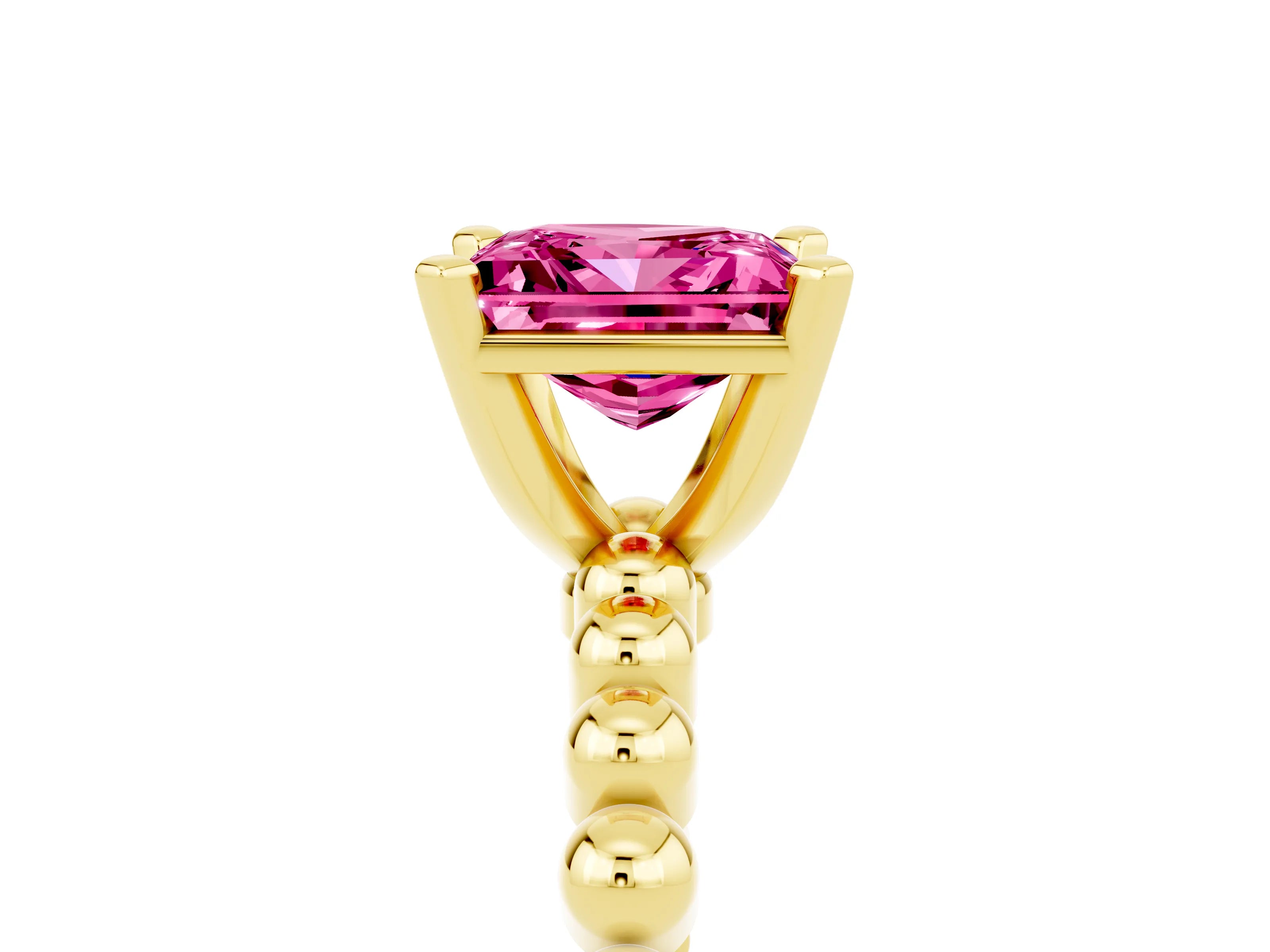 Yellow gold Princess Cut Pink Sapphire Solitaire Ring with Beaded Band and Prong Setting_5